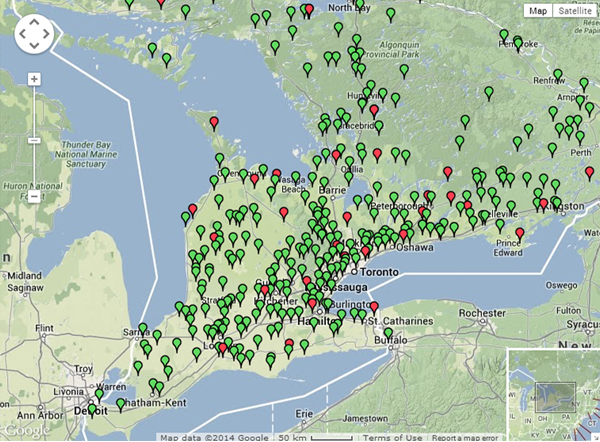 map of water level and flow monitoring sites for Ontario