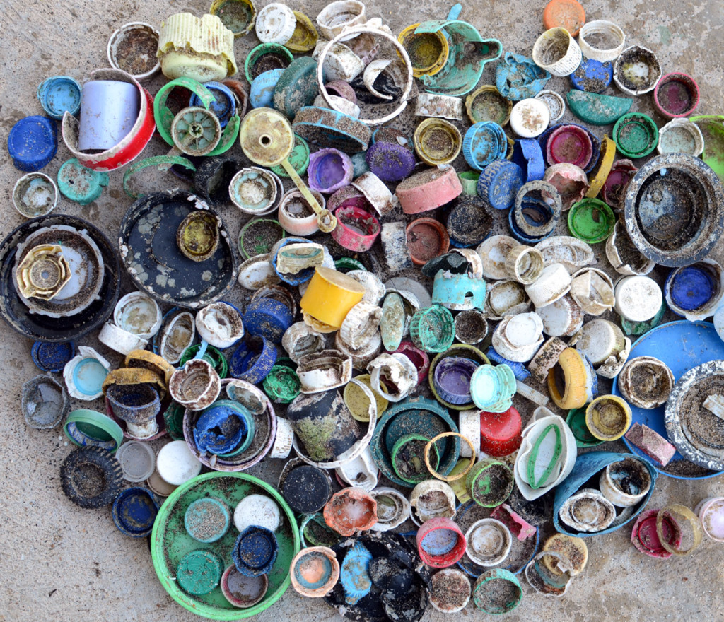 A collection of plastic bottle caps and lids from the high water line of Wainiha Beach, Kauai, Hawaii.